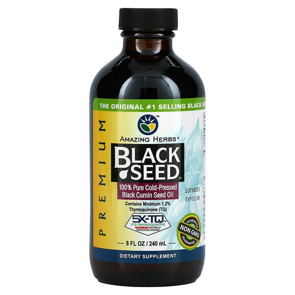 Premium Black Seed, 100% чистое масло семян черного тмина холодного отжима, 8 жидких унций (240 мл) Amazing Herbs