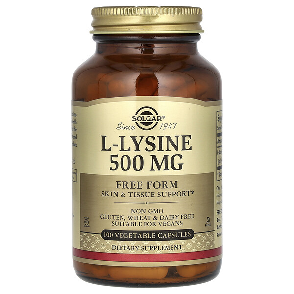 L-лизин, в свободной форме, 500 мг, 100 растительных капсул Solgar