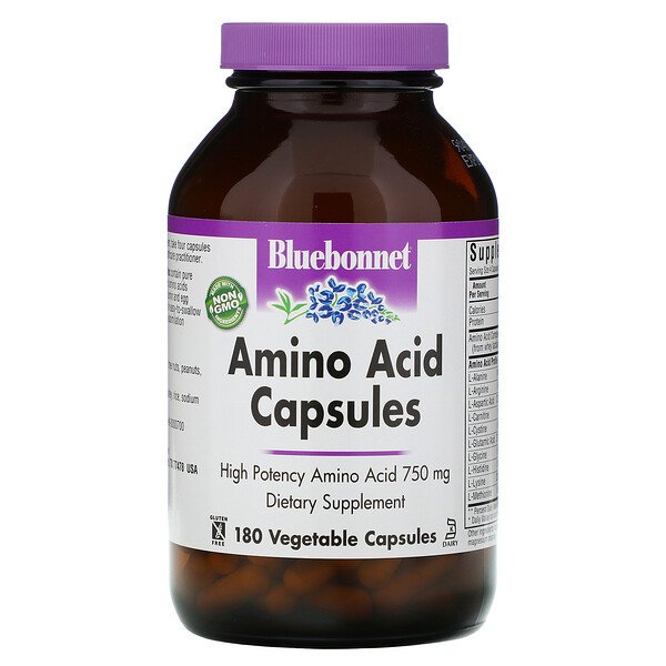 Капсулы с аминокислотами, 750 мг, 180 растительных капсул Bluebonnet Nutrition