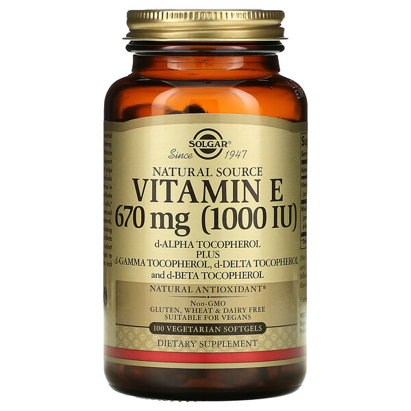Натуральный витамин Е, 670 мг (1000 МЕ), 100 вегетарианских мягких желатиновых капсул Solgar