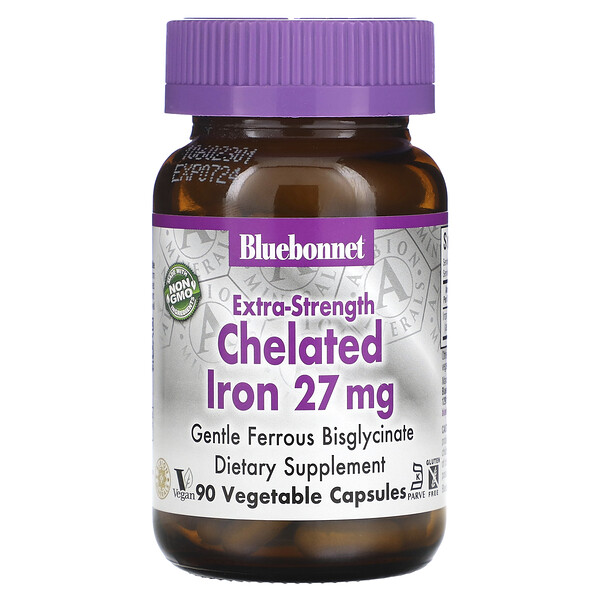 Железо с усиленной формулой, Хелатированное - 27 мг - 90 капсул - Bluebonnet Nutrition Bluebonnet Nutrition