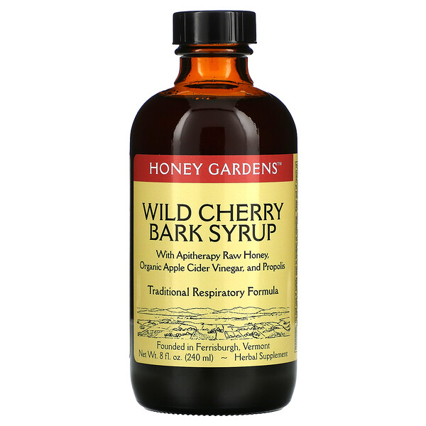 Сироп из коры дикой вишни с сырым медом для апитерапии, органическим яблочным уксусом и прополисом, 8 жидких унций (240 мл) Honey Gardens