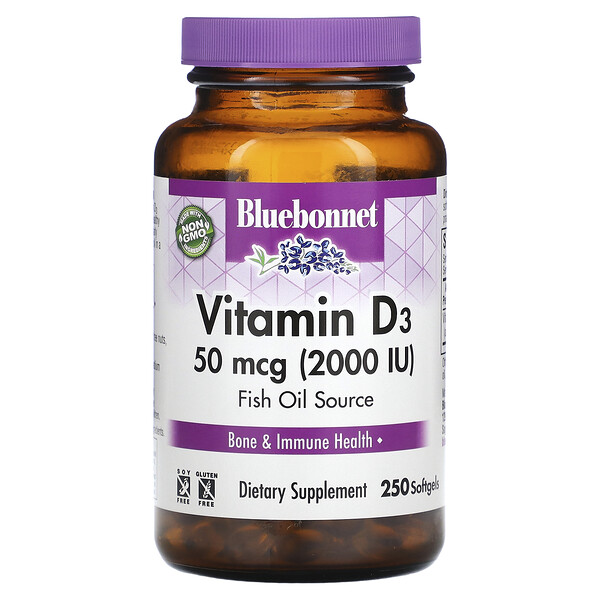 Витамин D3, 50 мкг (2000 МЕ), 250 мягких таблеток Bluebonnet Nutrition