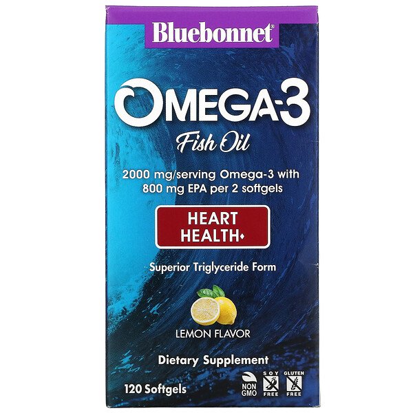 Омега-3 рыбий жир, здоровье сердца, лимон, 120 мягких капсул Bluebonnet Nutrition