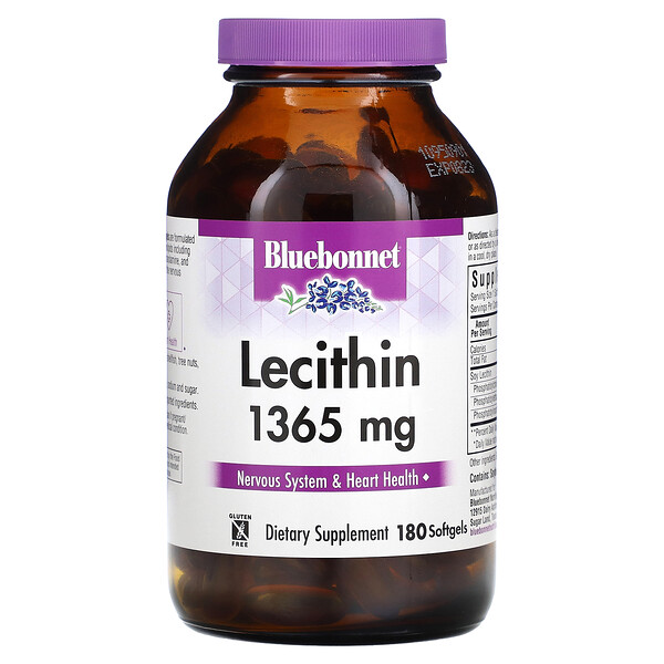 Натуральный лецитин, 1365 мг, 180 мягких таблеток Bluebonnet Nutrition