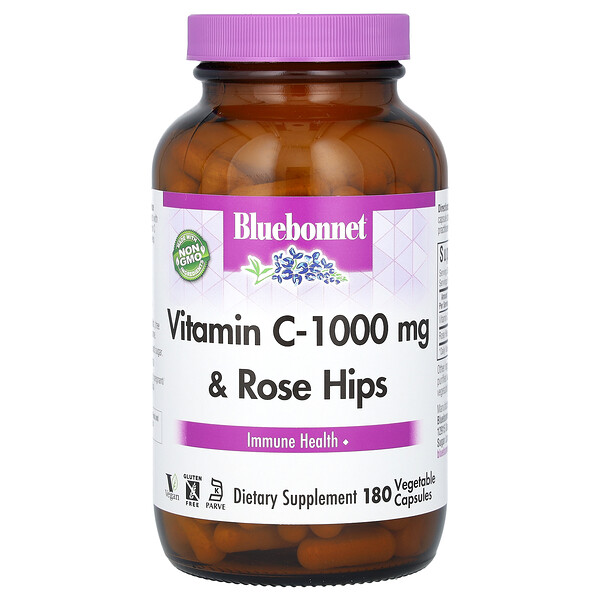 Vitamin C Plus Rose Hips, 1,000 mg, 180 Vegetable Capsules (Растительные капсулы) Bluebonnet Nutrition