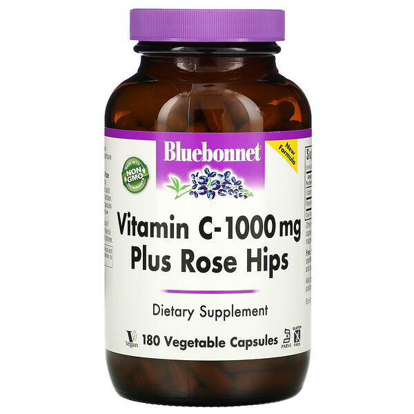 Vitamin C Plus Rose Hips, 1,000 mg, 180 Vegetable Capsules (Растительные капсулы) Bluebonnet Nutrition