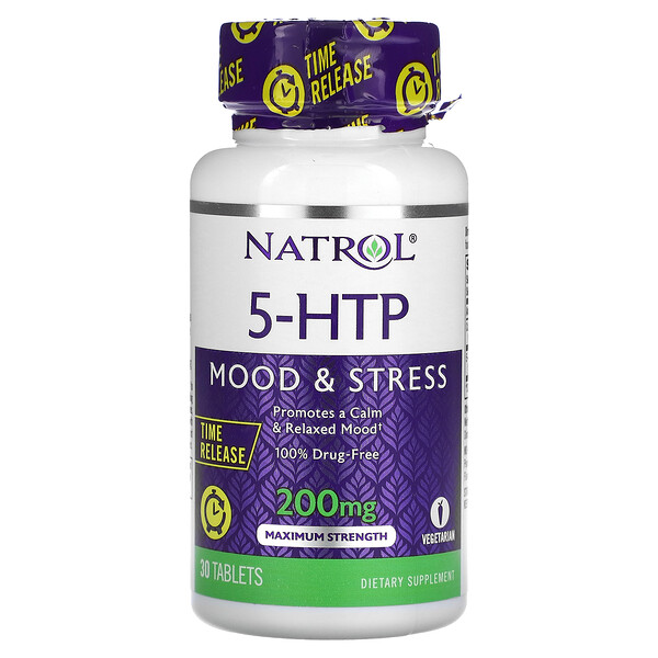 5-HTP, Максимальная Сила, Высвобождение в течение времени, 200 мг, 30 таблеток - Natrol Natrol