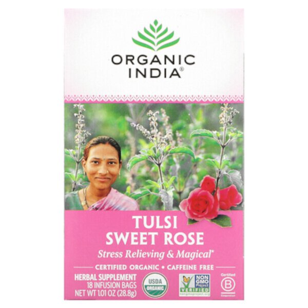 Tulsi Tea, Sweet Rose, без кофеина, 18 пакетиков для заваривания, 1,01 унции (28,8 г) Organic India