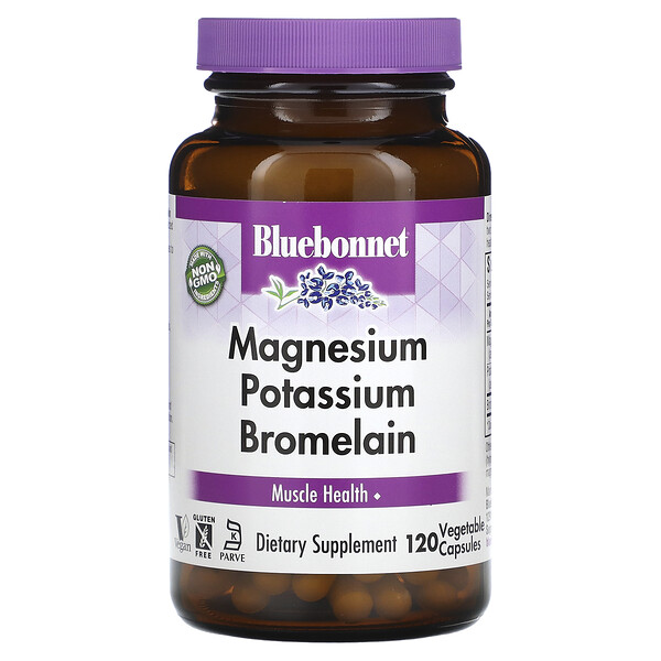 Магний-калий плюс бромелайн, 120 капсул в растительной оболочке Bluebonnet Nutrition