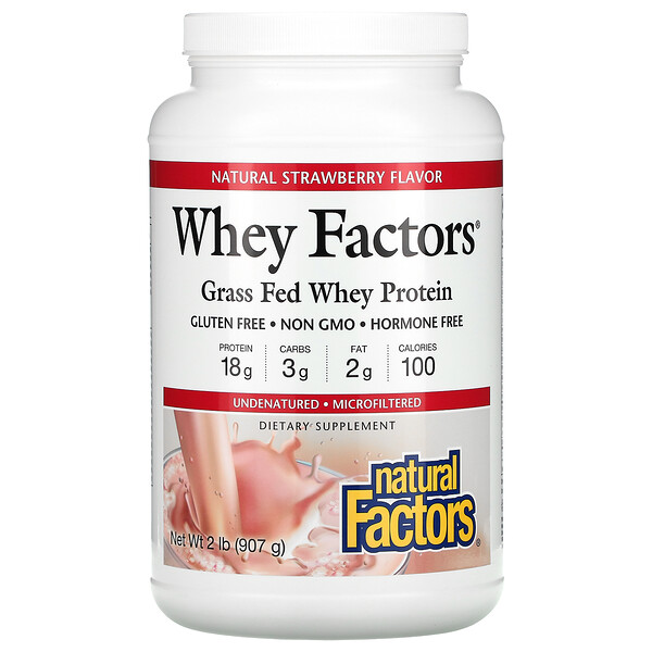 Whey Factors, Сывороточный протеин травяного откорма, натуральная клубника, 2 фунта (907 г) Natural Factors