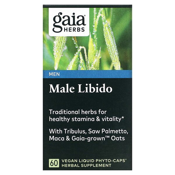 Male Libido with Horny Goat Weed, Saw Palmetto, Maca и овес, выращенный на Гайе, 60 веганских жидких фито-капсул Gaia Herbs