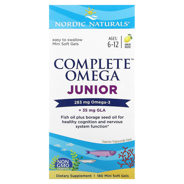 Complete Omega Junior, для детей от 6 до 12 лет, с лимоном, 180 мягких желатиновых мини-капсул Nordic Naturals