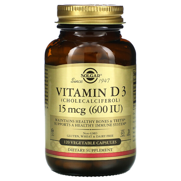 Витамин D3 (холекальциферол), 15 мкг (600 МЕ), 120 растительных капсул Solgar