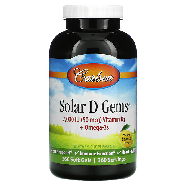 Solar D Gems, Витамин D3 + Омега-3, Натуральный лимон - 360 мягких капсул - Carlson Carlson
