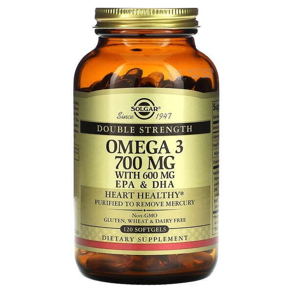 Омега-3, ЭПК и ДГК, двойная сила, 700 мг, 120 мягких таблеток Solgar