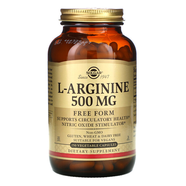 L-аргинин, в свободной форме, 500 мг, 250 растительных капсул Solgar