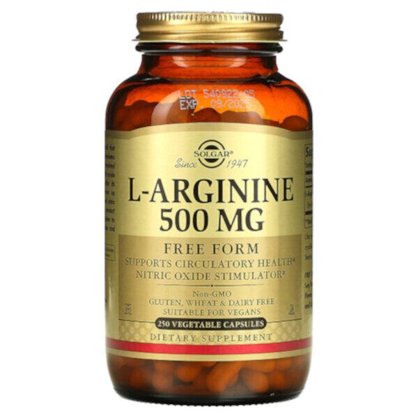 L-аргинин, в свободной форме, 500 мг, 250 растительных капсул Solgar