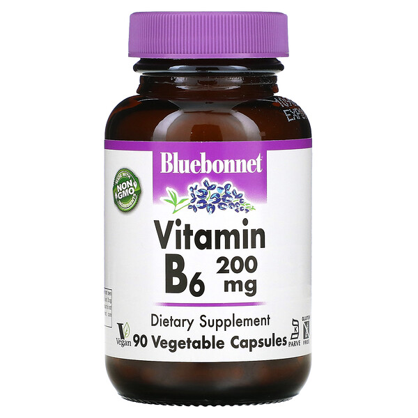 Витамин B-6, 200 мг, 90 растительных капсул Bluebonnet Nutrition