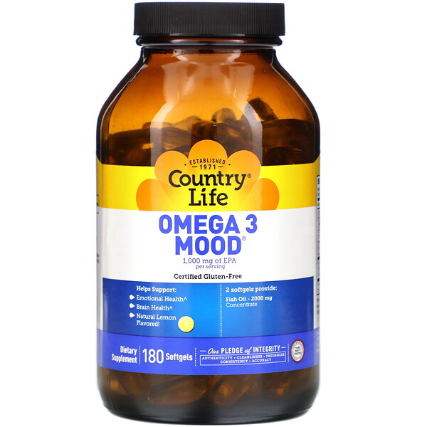 Omega 3 Mood, Натуральный лимон, 180 мягких капсул Country Life
