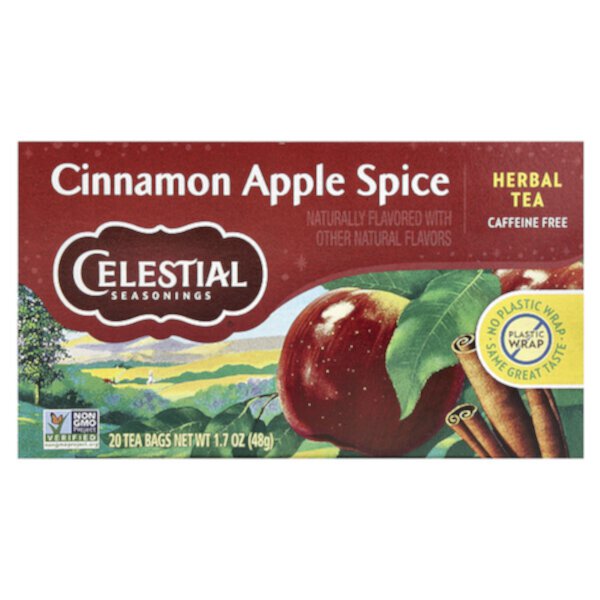 Herbal Tea, Cinnamon Apple Spice, без кофеина, 20 чайных пакетиков, 1,7 унции (48 г) Celestial Seasonings