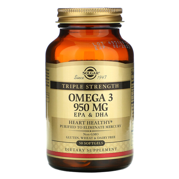 Омега-3, ЭПК и ДГК, тройная сила, 950 мг, 50 мягких таблеток Solgar