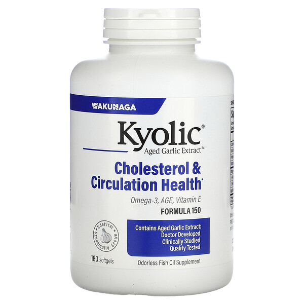 Экстракт выдержанного чеснока, омега-3, холестерин и кровообращение, 180 мягких капсул Kyolic
