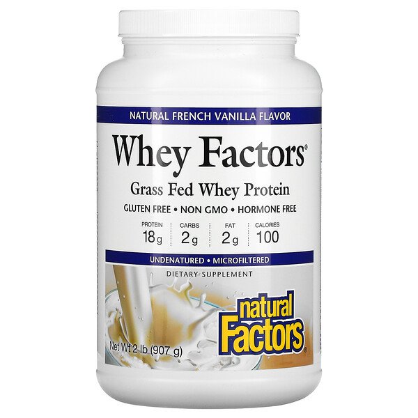 Whey Factors, Сывороточный протеин травяного откорма, натуральный вкус французской ванили, 2 фунта (907 г) Natural Factors