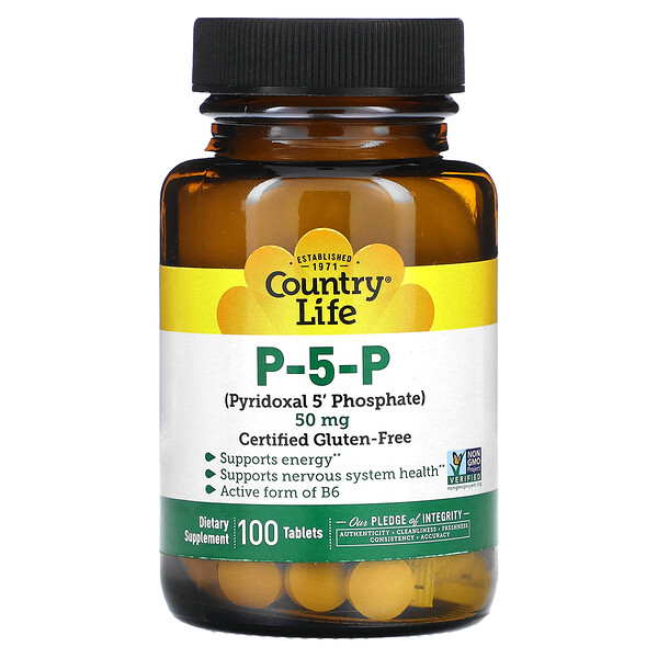 P-5-P (пиридоксаль-5'-фосфат), 50 мг, 100 таблеток Country Life
