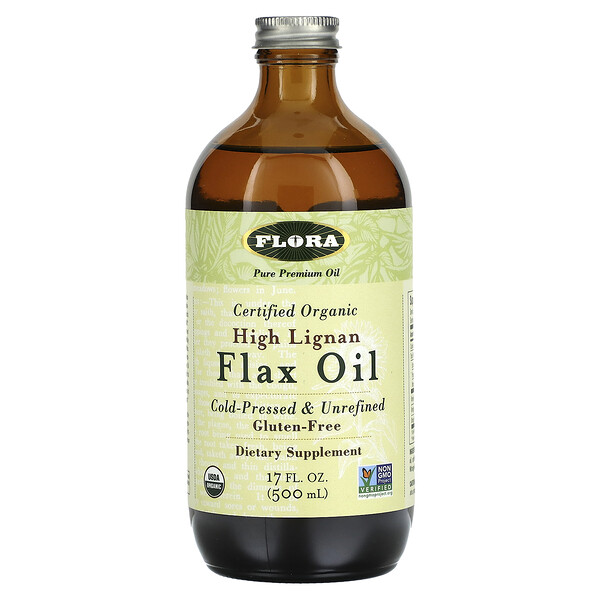 Сертифицированное органическое льняное масло с высоким содержанием лигнанов, 17 жидких унций (500 мл) Flora