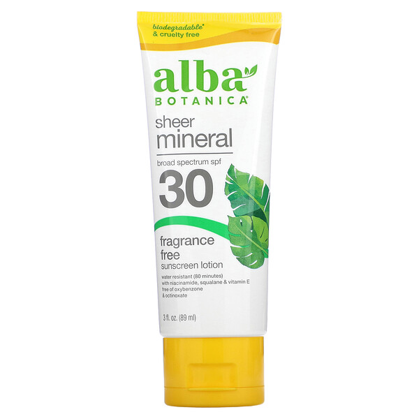 Минеральный солнцезащитный крем, для чувствительной кожи, SPF 30, без запаха, 4 унции (113 г) Alba