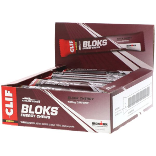 Bloks Energy Chews, со вкусом черной вишни + 50 мг кофеина, 18 пакетиков по 2,12 унции (60 г) каждый Clif Bar