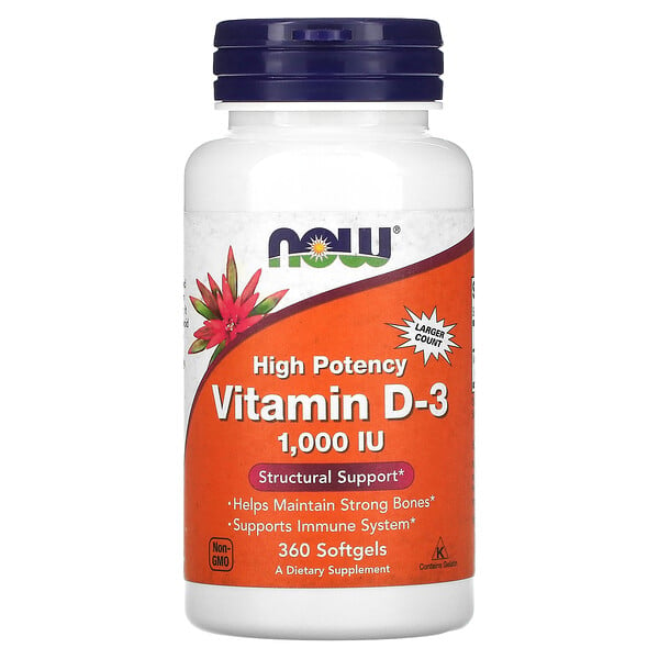 Витамин D-3, 25 мкг (1000 МЕ), 360 мягких таблеток NOW Foods