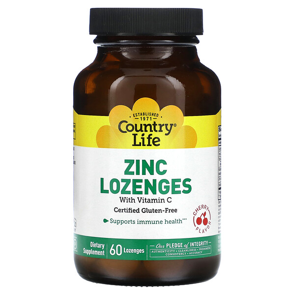 Zinc Lozenges (Пастилки) with Vitamin C, Cherry, 60 Lozenges Country Life