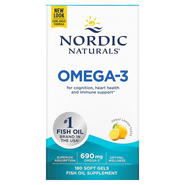 Omega-3, Лимон - 690 мг - 180 мягких капсул - Nordic Naturals Nordic Naturals