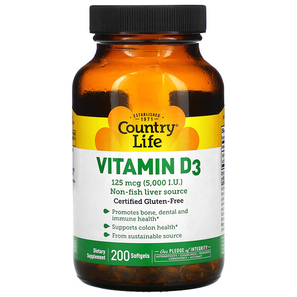 Витамин D3, 125 мкг (5000 МЕ), 200 мягких таблеток Country Life