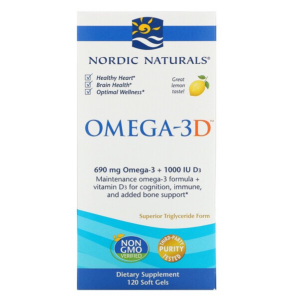 Omega-3D, Лимон, 120 мягких желатиновых капсул Nordic Naturals