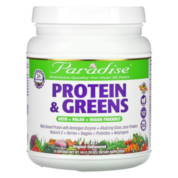 Protein & Greens, Original, без вкуса, 16 унций (454 г) Paradise Herbs