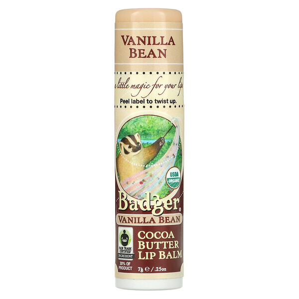 Organic, Бальзам для губ с маслом какао, бобы ванили, 0,25 унции (7 г) Badger Company
