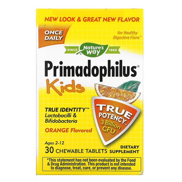 Primadophilus, Kids, 2–12 лет, со вкусом апельсина, 3 миллиарда КОЕ, 30 жевательных таблеток Nature's Way