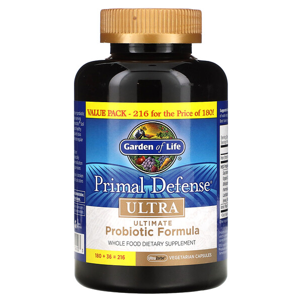 Primal Defense, Ultra, идеальная пробиотическая формула, 216 вегетарианских капсул UltraZorbe Garden of Life