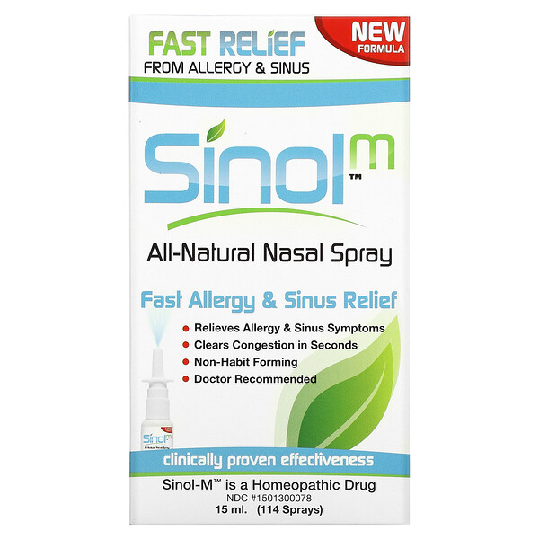 SinolM, Полностью натуральный спрей для носа, быстро устраняющий аллергию и облегчение придаточных пазух носа, 15 мл Sinol
