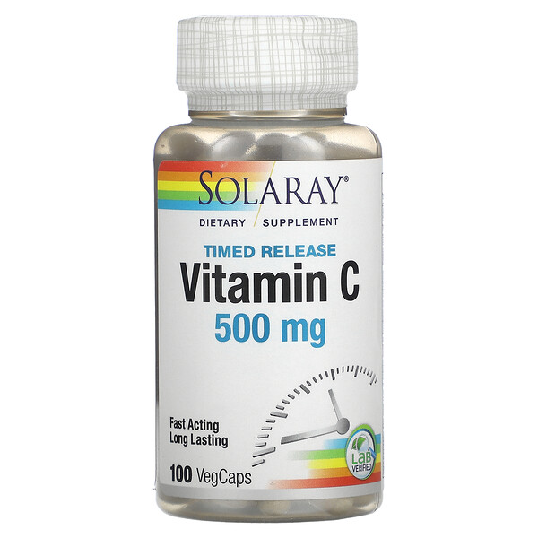 Витамин С, замедленное высвобождение, 500 мг, 100 растительных капсул Solaray