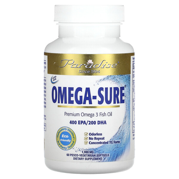 Omega Sure, Премиум Омега-3 Рыбий Жир, 1000 мг, 60 Песко-вегетарианских мягких капсул - Paradise Herbs Paradise Herbs