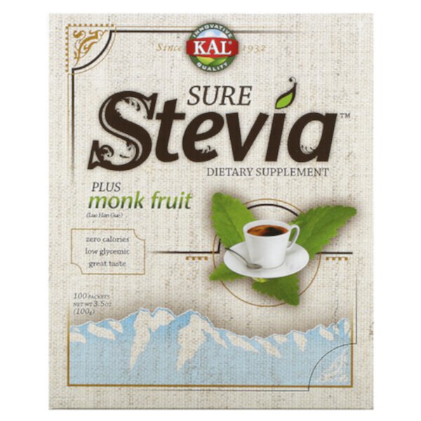 Sure Stevia, Plus Monk Fruit, 100 пакетиков, 3,5 унции (100 г) KAL