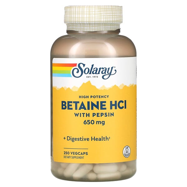 Высокоэффективный бетаин гидрохлорид с пепсином, 650 мг, 250 растительных капсул Solaray