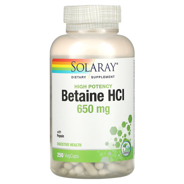 Высокоэффективный бетаин гидрохлорид с пепсином, 650 мг, 250 растительных капсул Solaray