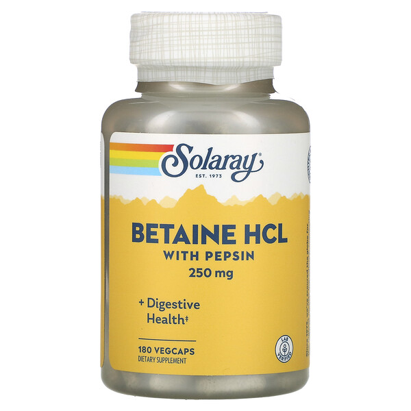 Betaine HCL with Pepsin, 250 mg, 180 VegCaps Solaray