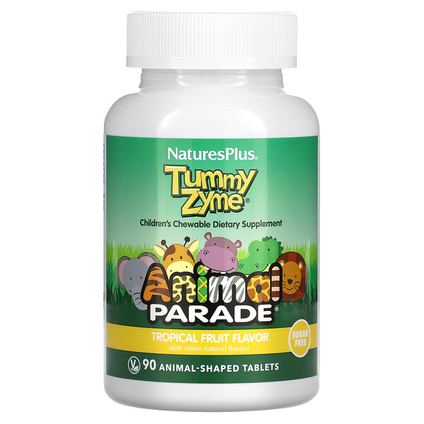 Source of Life, Animal Parade, Tummy Zyme с активными ферментами, цельными продуктами и пробиотиками, натуральный вкус тропических фруктов, 90 таблеток в форме животных NaturesPlus