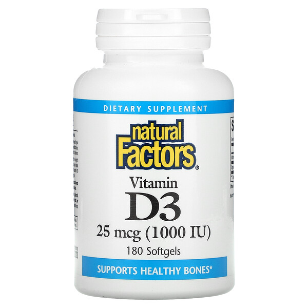 Витамин D3 - 25 мкг (1000 МЕ) - 180 мягких капсул - Natural Factors Natural Factors